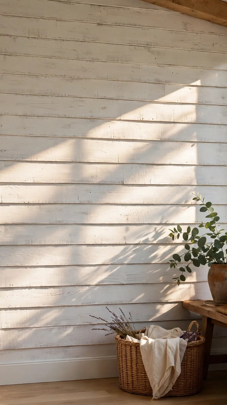 Sunroom wall covered in whitewashed horizontal shiplap boards with sunlight streaming across the textured surface.