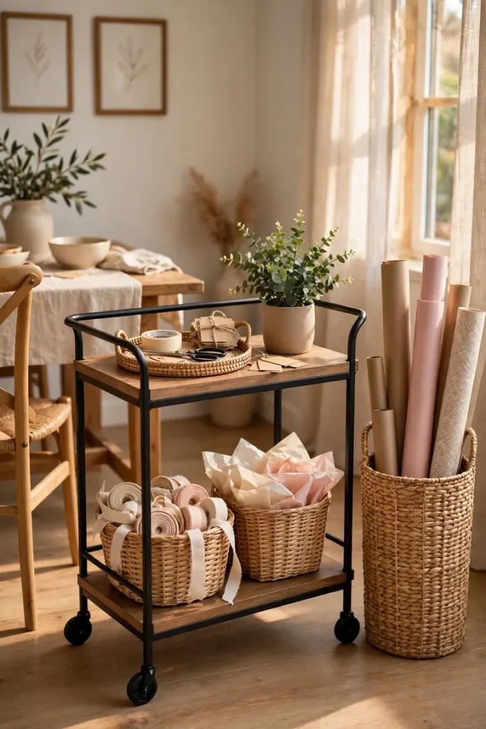 Styled bar cart gift wrapping station with a tool tray and baskets of ribbon and tissue