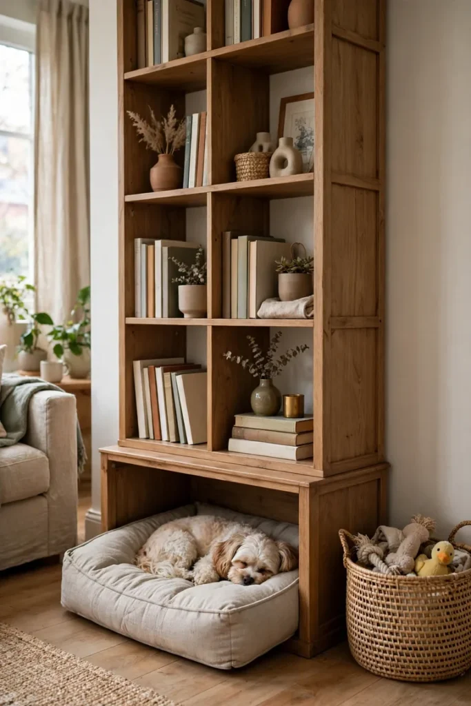 Bottom cubby of a bookcase turned into a small dog bed with a washable cushion