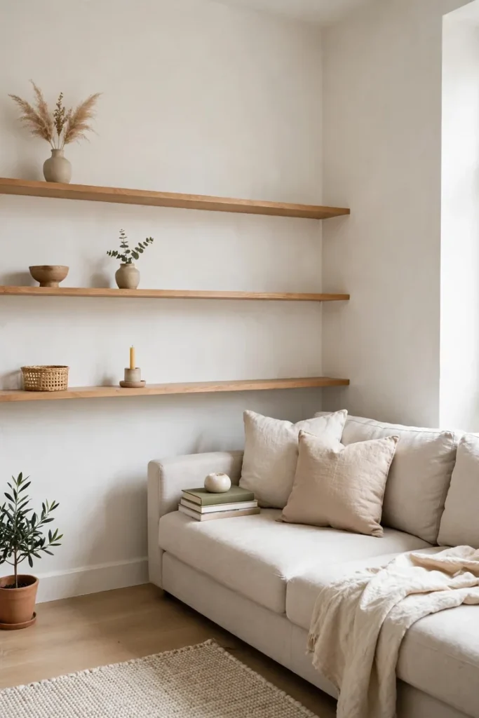 Full living room corner view with open shelves holding grouped decor pieces and empty space around them