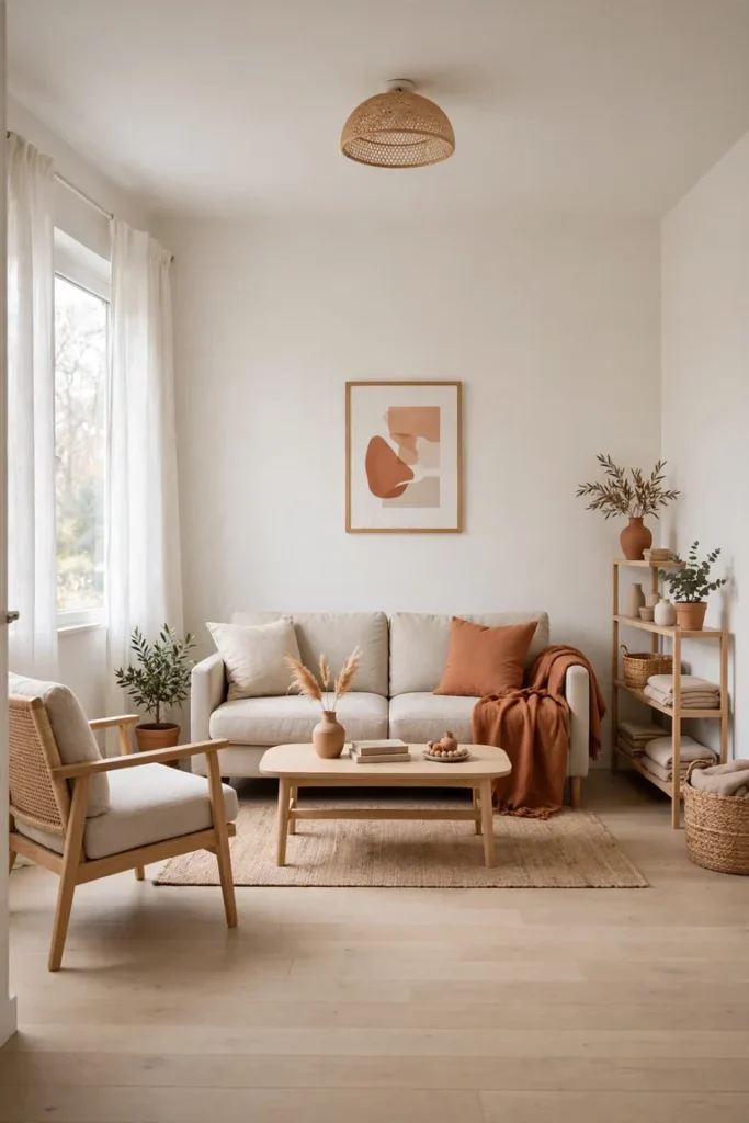 Full neutral living room view with one terracotta accent repeated in a cushion, throw, and print