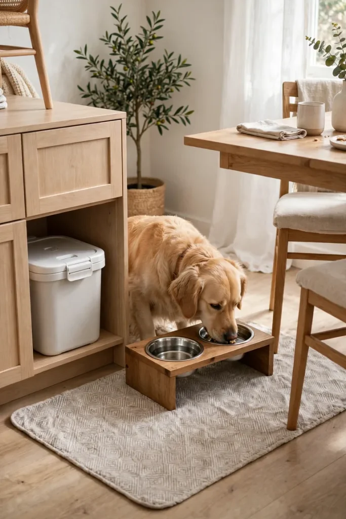 Dining corner dog feeding station with a raised bowl stand on a washable mat