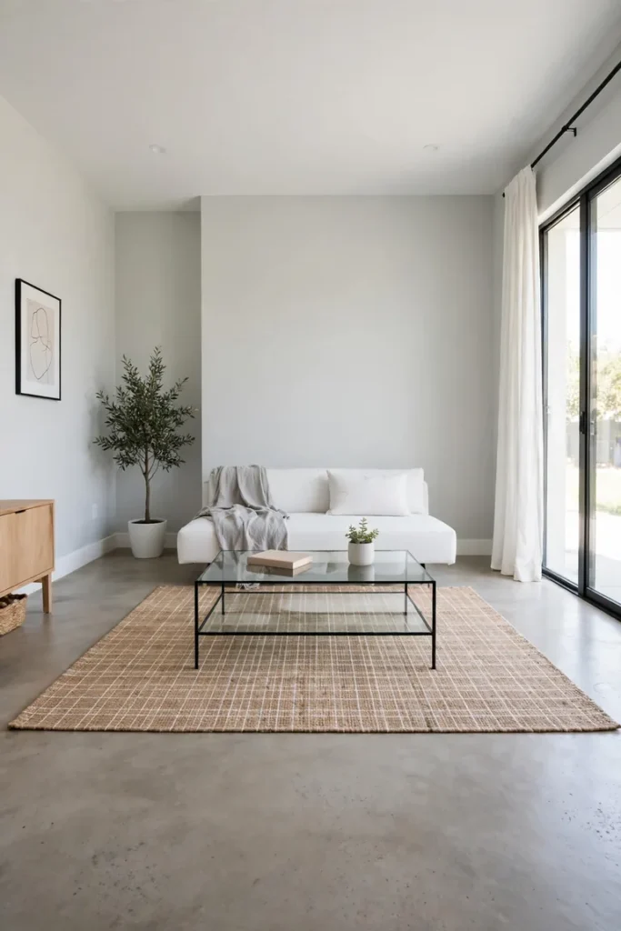 Full minimalist living room view with a glass top coffee table showing the rug through it