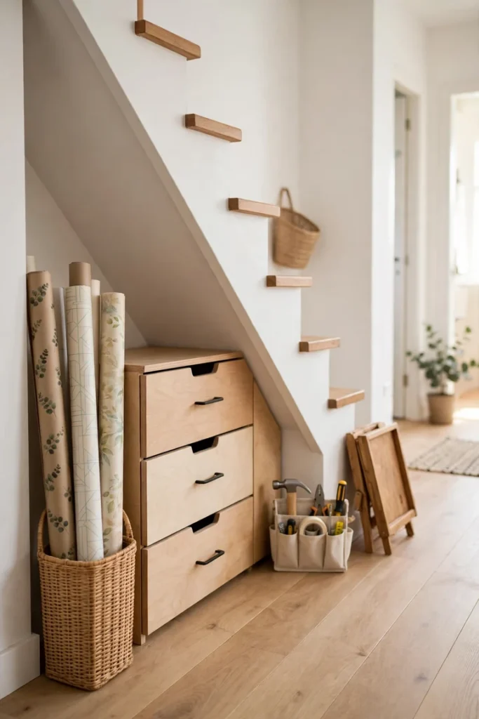 Under the stairs gift wrapping nook with low stacking drawers and a bin of paper rolls