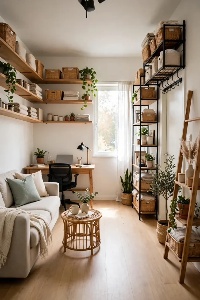Full living room view with tall narrow shelving and wall shelves carrying storage while the floor stays open