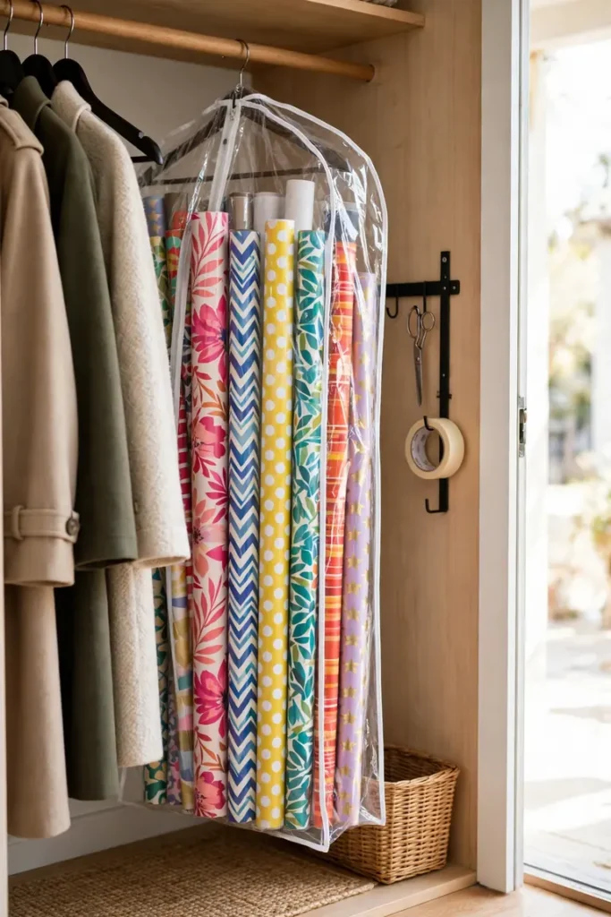 Wrapping paper rolls stored in a clear garment bag hanging inside a coat closet