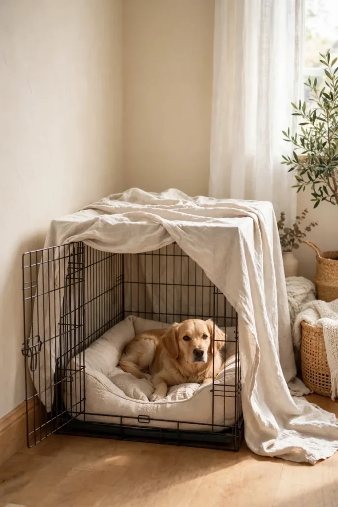 Dog crate styled with a linen cover over the top and sides and the front left open