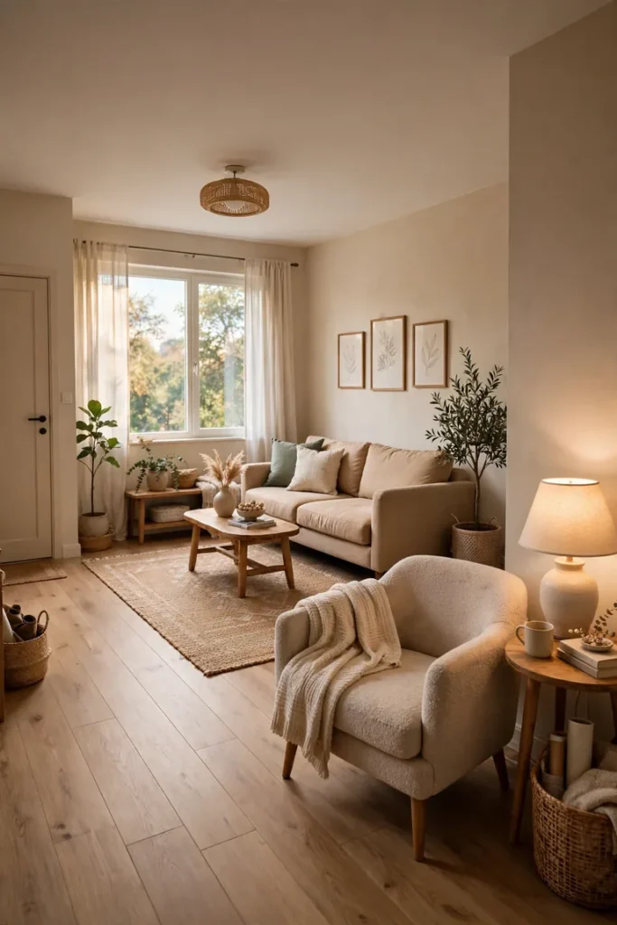 Full living room view with a reading corner of an armchair, side table, lamp, and throw