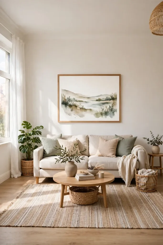 Full living room view with one wide framed print hanging at eye level above the sofa