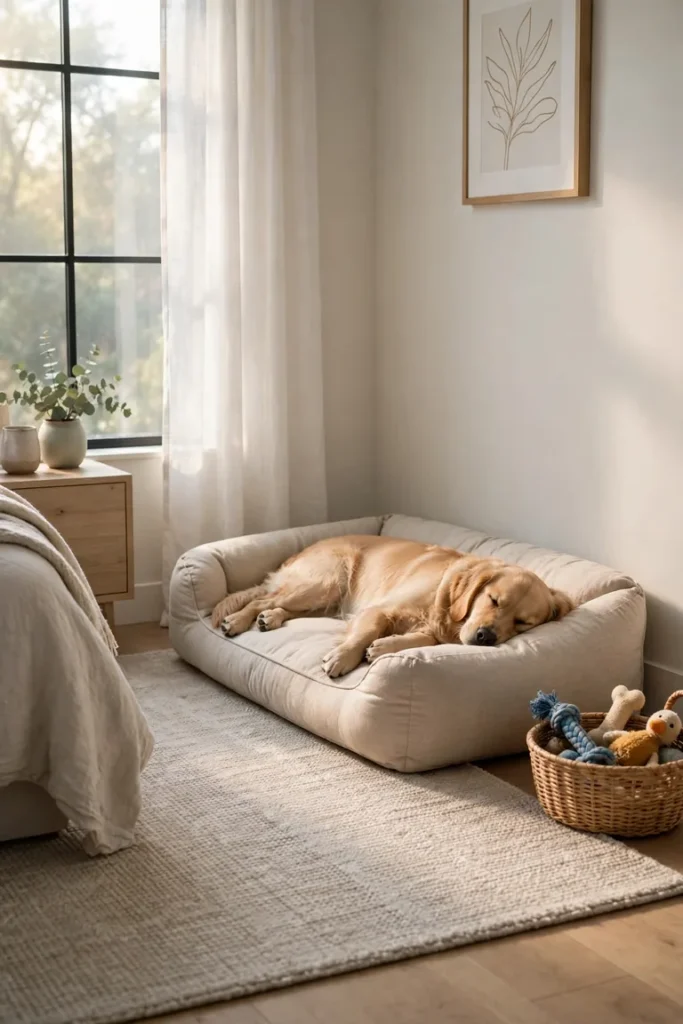 Bedroom corner dog zone with a washable rug, a bed, and one toy basket