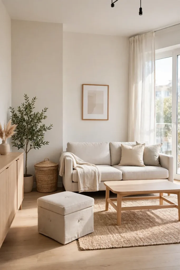 Full living room view with closed storage pieces hiding daily items and clear surfaces throughout