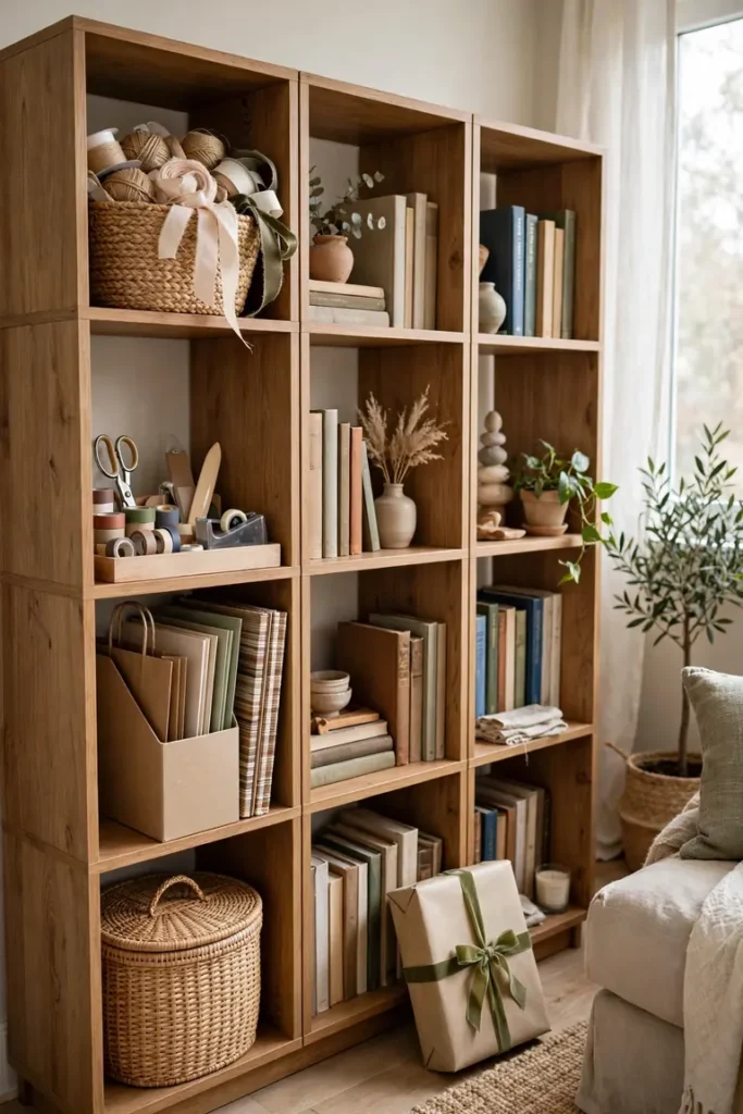 One column of a cube bookshelf used as a gift wrapping station with baskets and a lidded bin