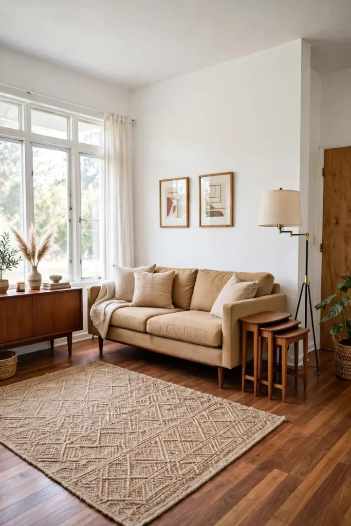 Full mid century living room view with wooden nesting tables tucked beside the sofa arm