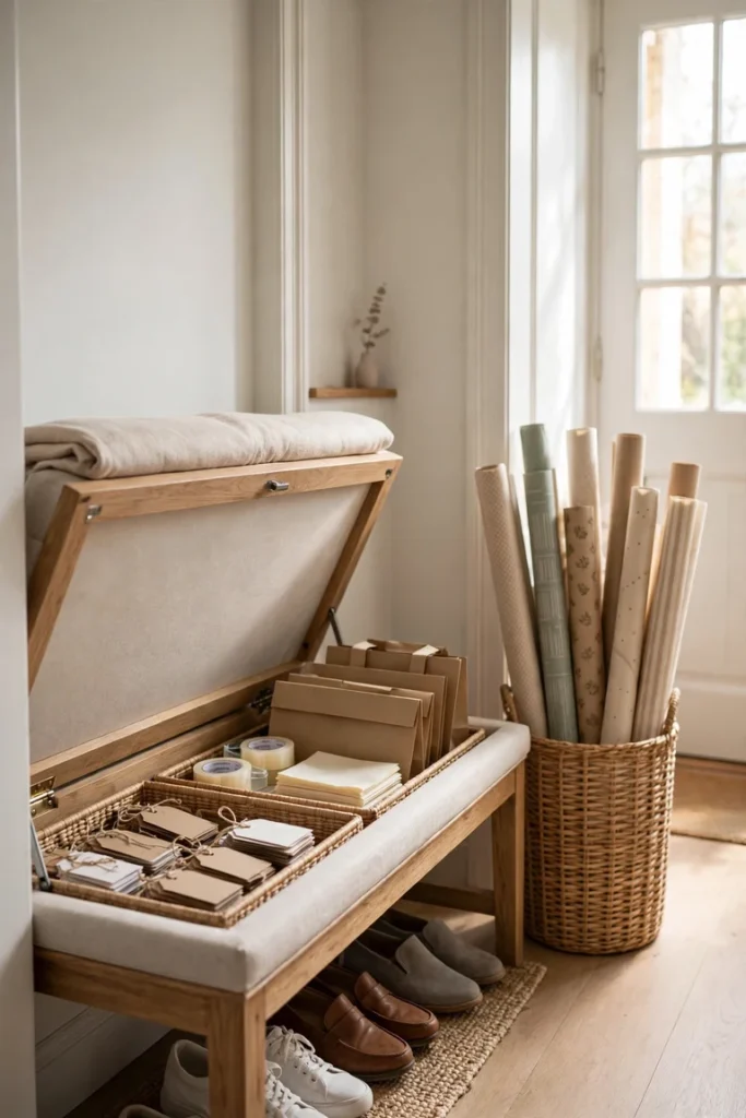 Entry bench with hidden gift wrapping storage inside the seat and a basket of paper rolls beside it
