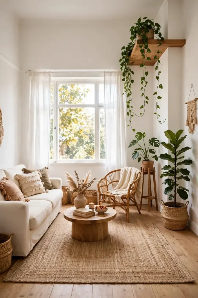 Full boho living room view with plants at three heights on a shelf, a stand, and the floor