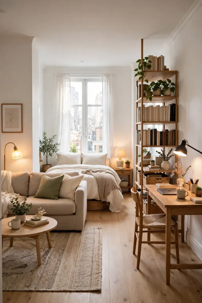 Full studio apartment view with clear living, sleeping, and working zones marked by a rug and a bookshelf