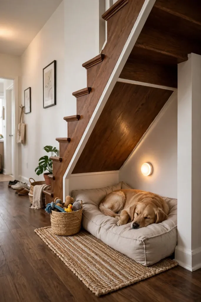 Dog den under the stairs with a low bed, a toy bin, and a soft wall light