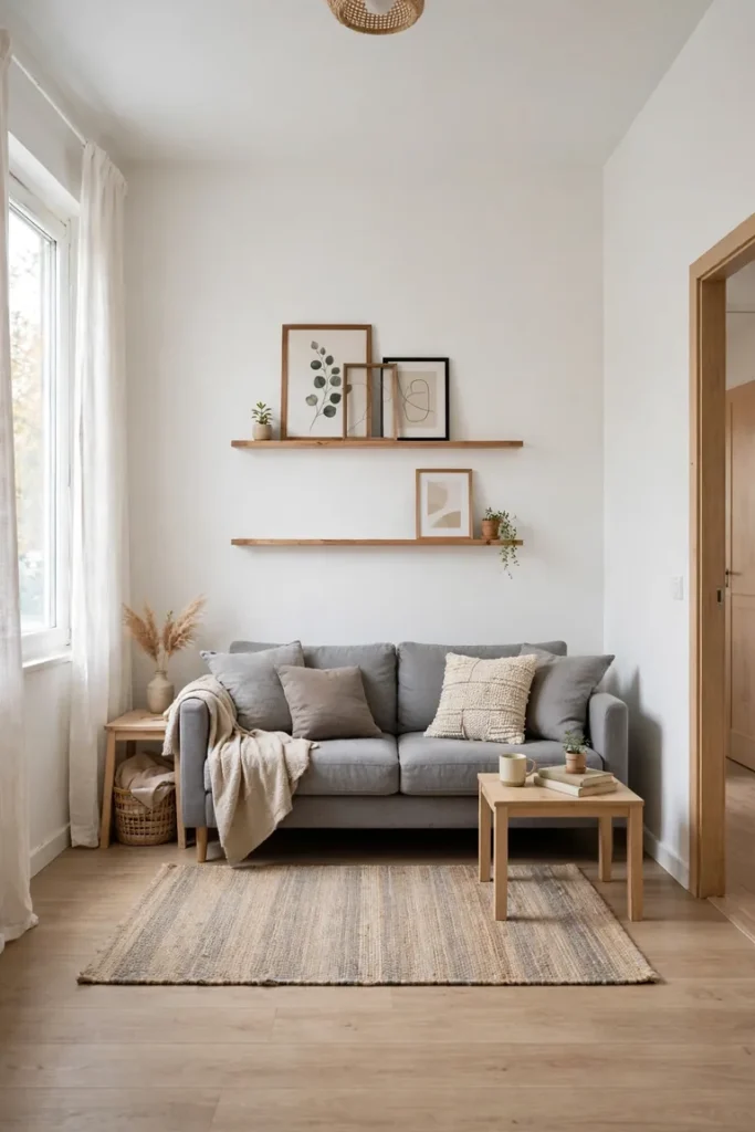Full living room view with two picture ledges above the sofa holding layered leaning frames