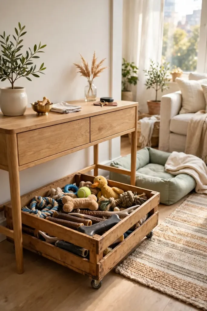 Rolling toy crate on casters pulled out from under a console table