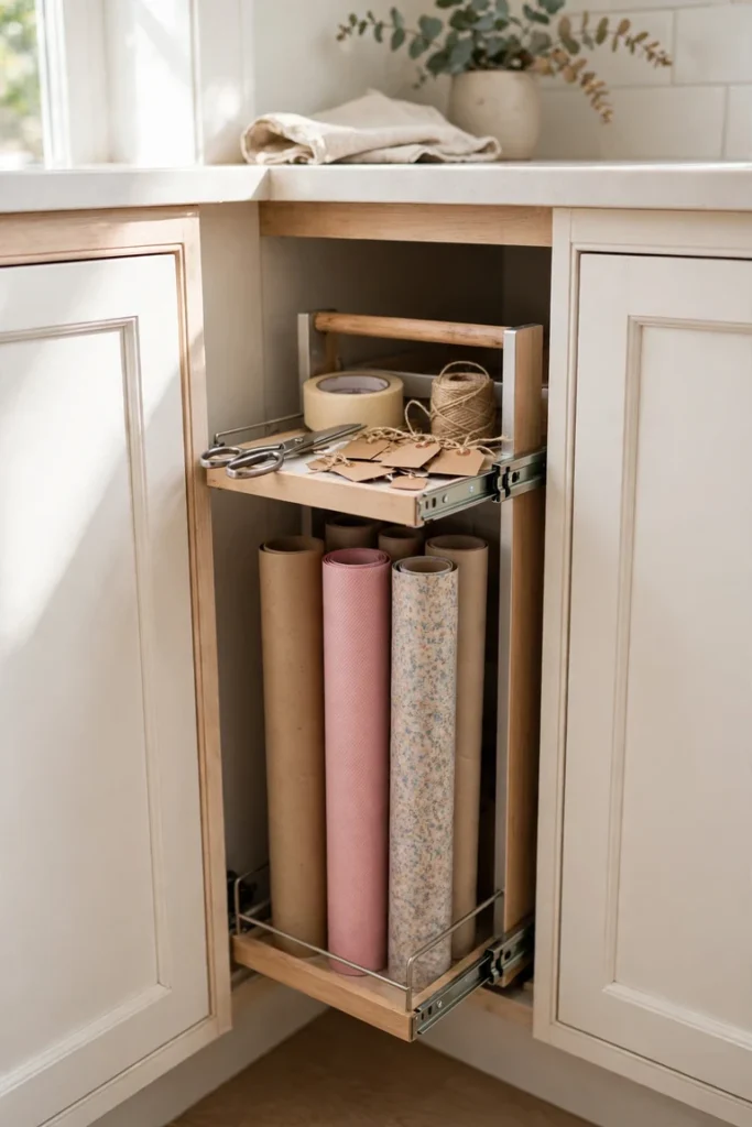 Narrow slide out cart gift wrapping station pulled from the gap beside a kitchen cabinet