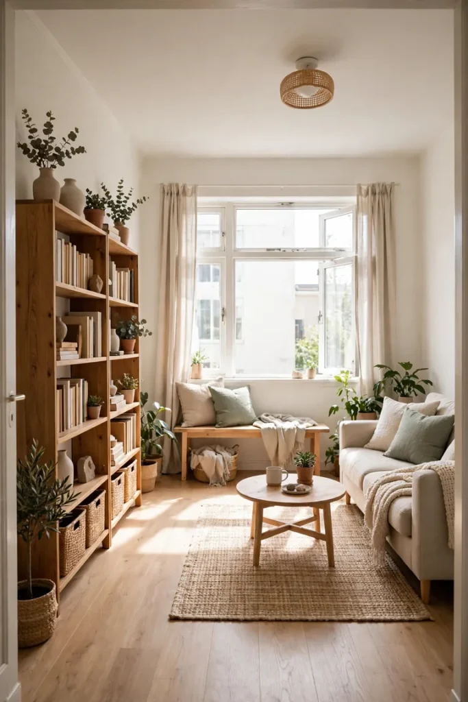 Full living room view with a tall bookcase on a solid wall and only a low bench under the clear window