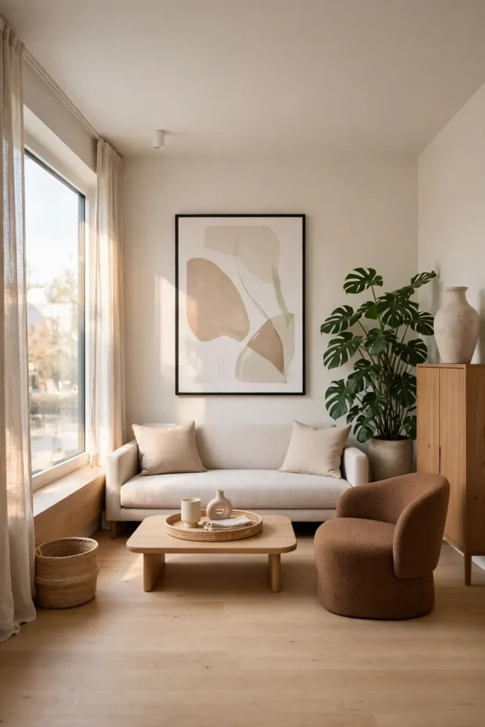 Full living room view with a few large decor pieces, one big print, one large plant, and a wide tray