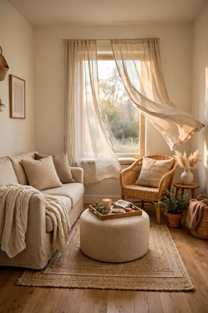 Full cozy living room view with layered textures of a knit throw, cushion covers, and a woven rug