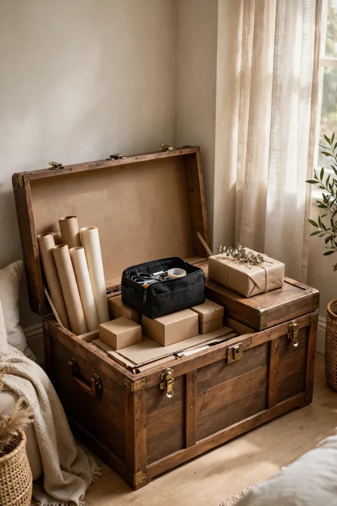 Storage trunk gift wrapping station with rolls, flat paper, and a tool pouch inside