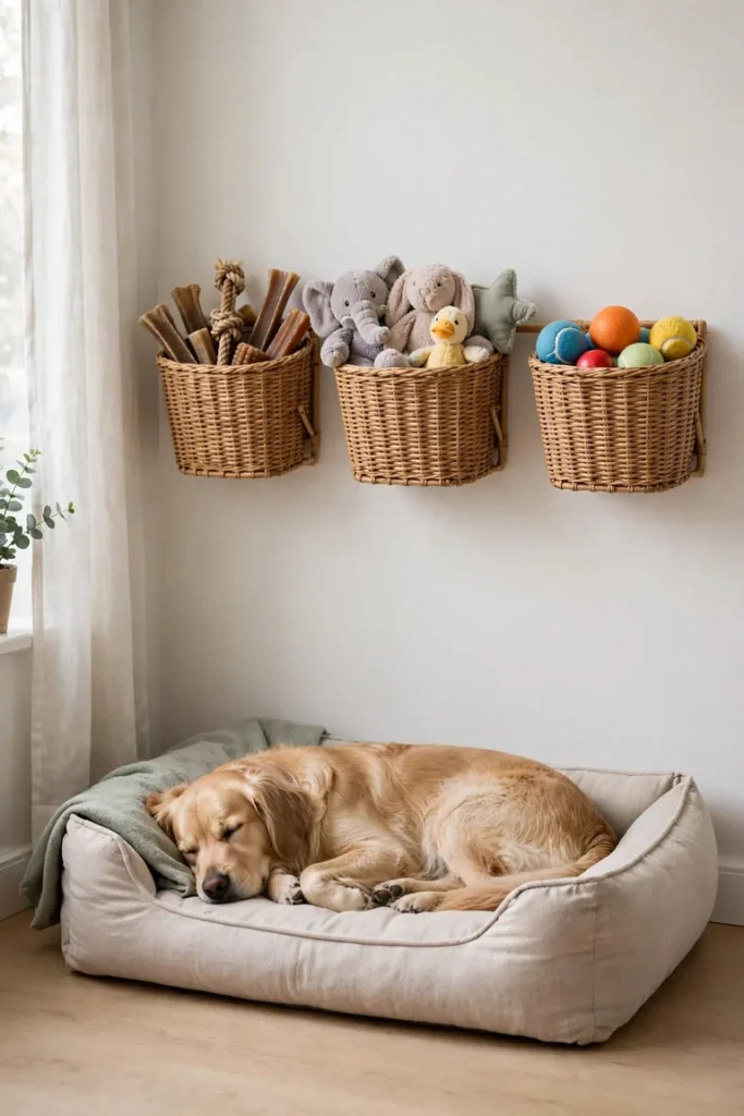 Wall baskets above a floor dog bed holding chew toys, soft toys, and balls