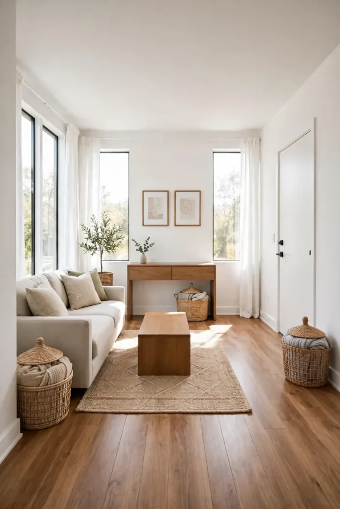 Full tidy living room view with lidded baskets beside the sofa, under the console, and by the door