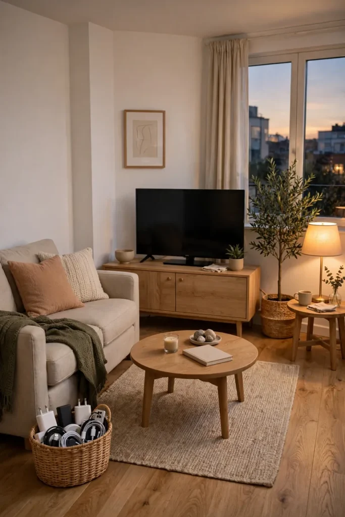 Full living room view with cords hidden behind furniture and chargers stored in a basket by the sofa