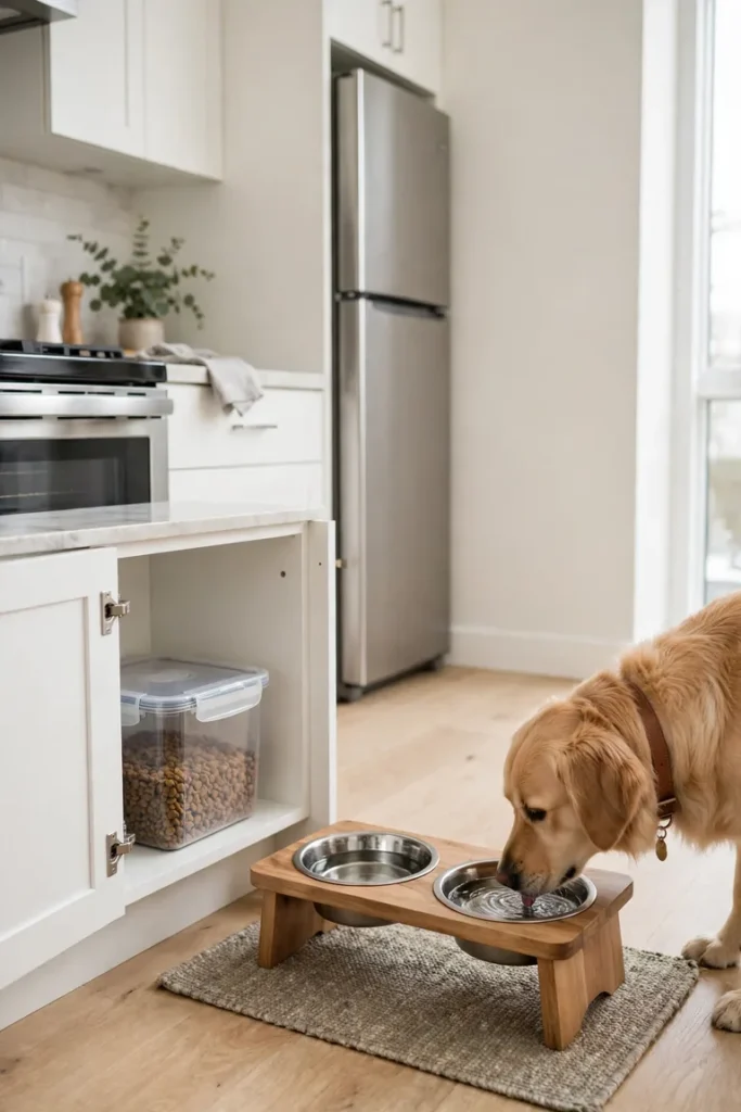 Dog feeding spot in the far corner of a kitchen away from the cooking zone
