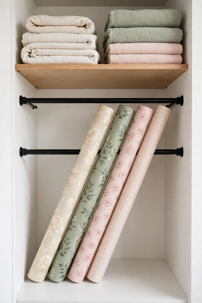 Tension rod rack holding wrapping paper rolls inside a linen closet