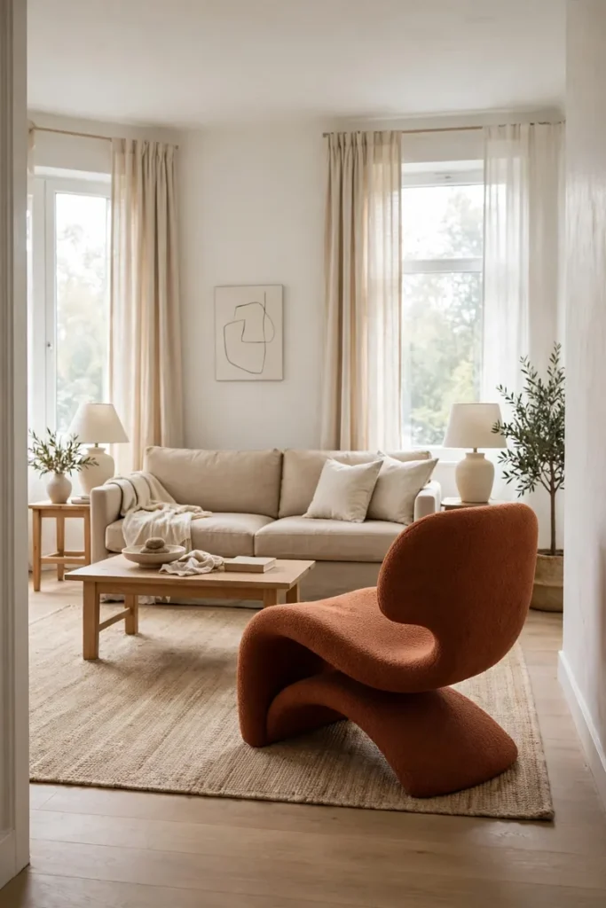 Full living room view with calm basic furniture and one sculptural statement chair against them