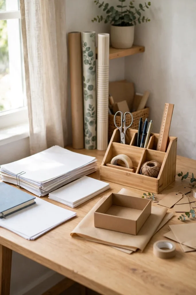 One end of a home office desk set up as a gift wrapping station with a desktop organizer