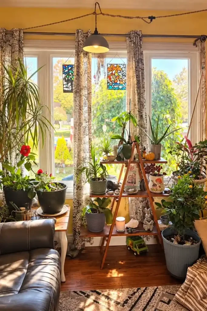 Wooden A-frame tiered plant stand holding many leafy plants directly in front of a wide bright living room window, dappled sunlight.