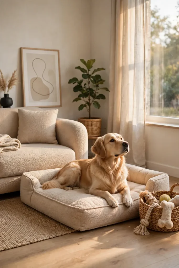 Dog bed matching the sofa fabric and color in a living room corner