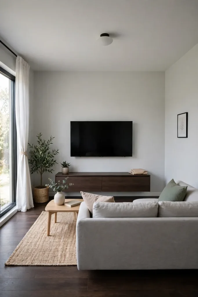 Full modern living room view with a wall mounted TV above a slim closed door console