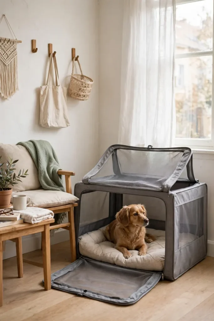 Fold away fabric dog crate set up in a spare room corner for a calm dog