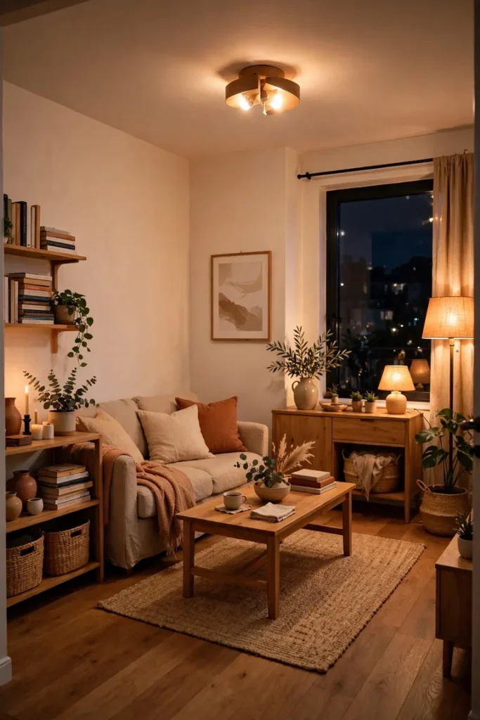 Full living room view in the evening with every light source glowing in the same warm tone