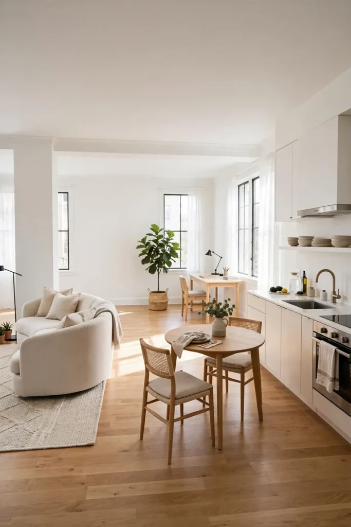 Full open plan apartment view with living, dining, and working zones marked by furniture