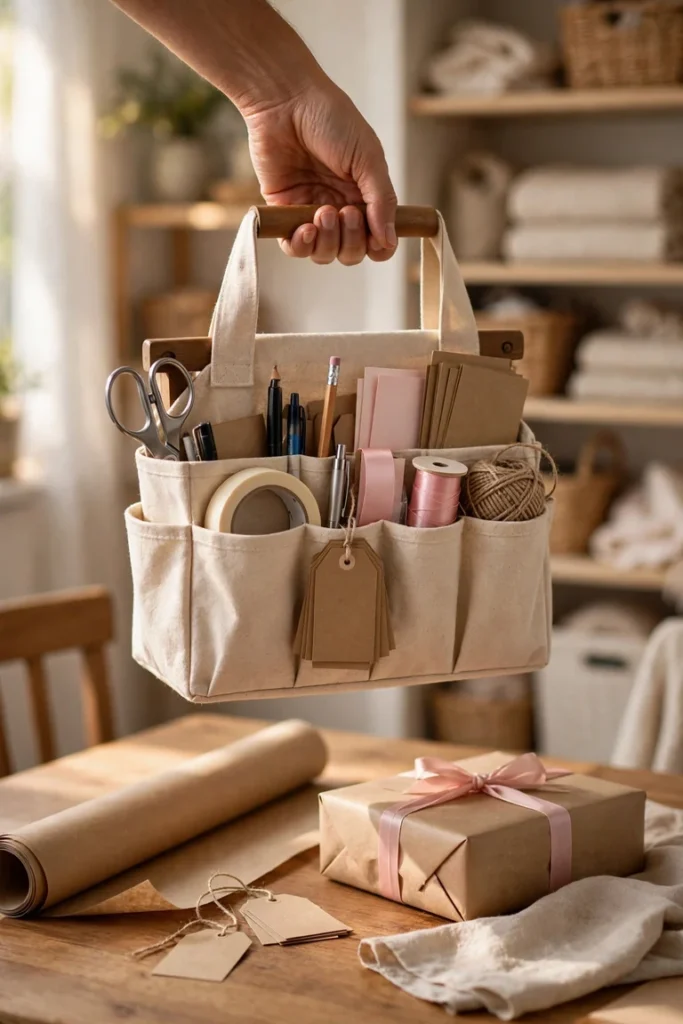 Portable handled caddy with gift wrapping tools carried to a dining table