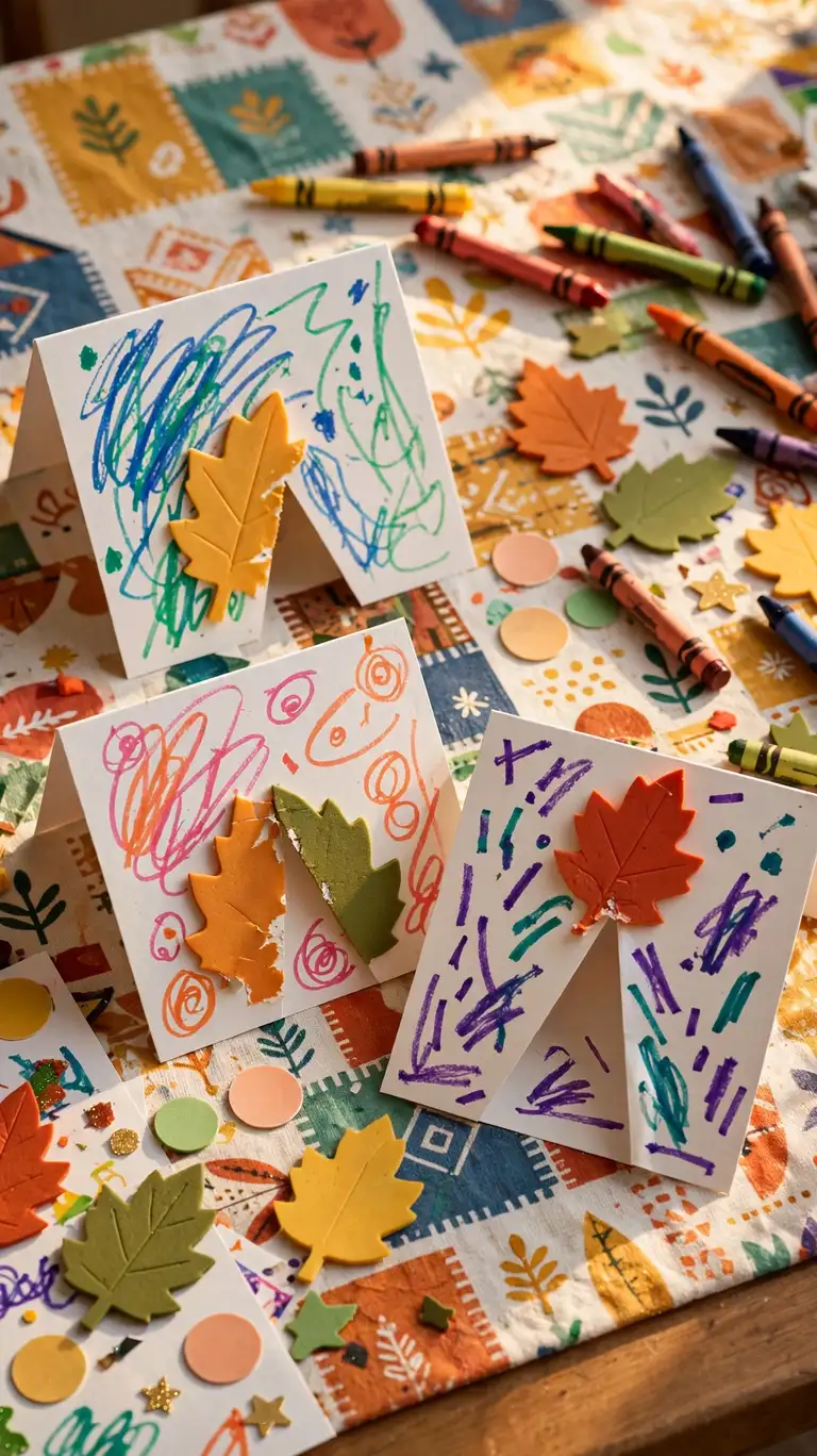 Children decorating paper place cards with markers and foam stickers