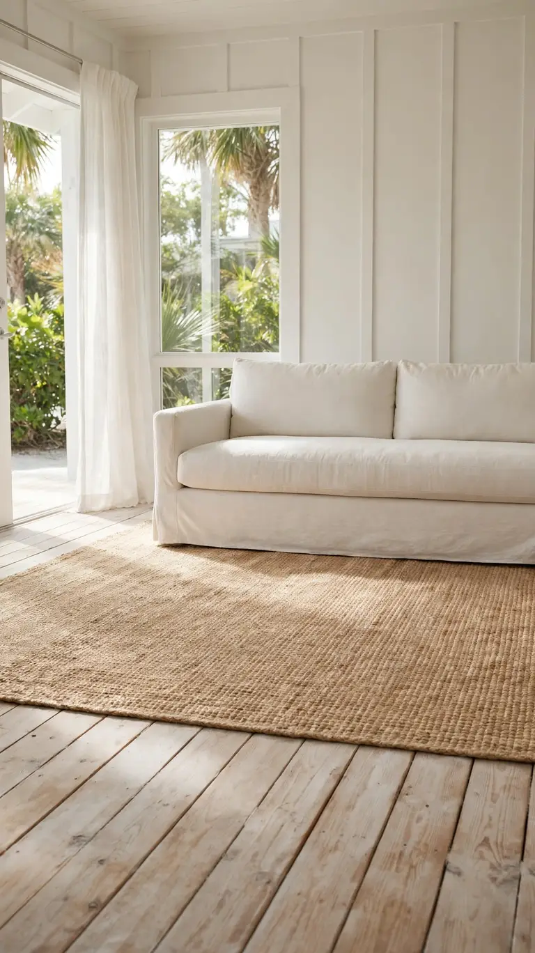 Light sun-bleached wood floors in a bungalow layered with a sand-toned jute rug under a linen sofa.