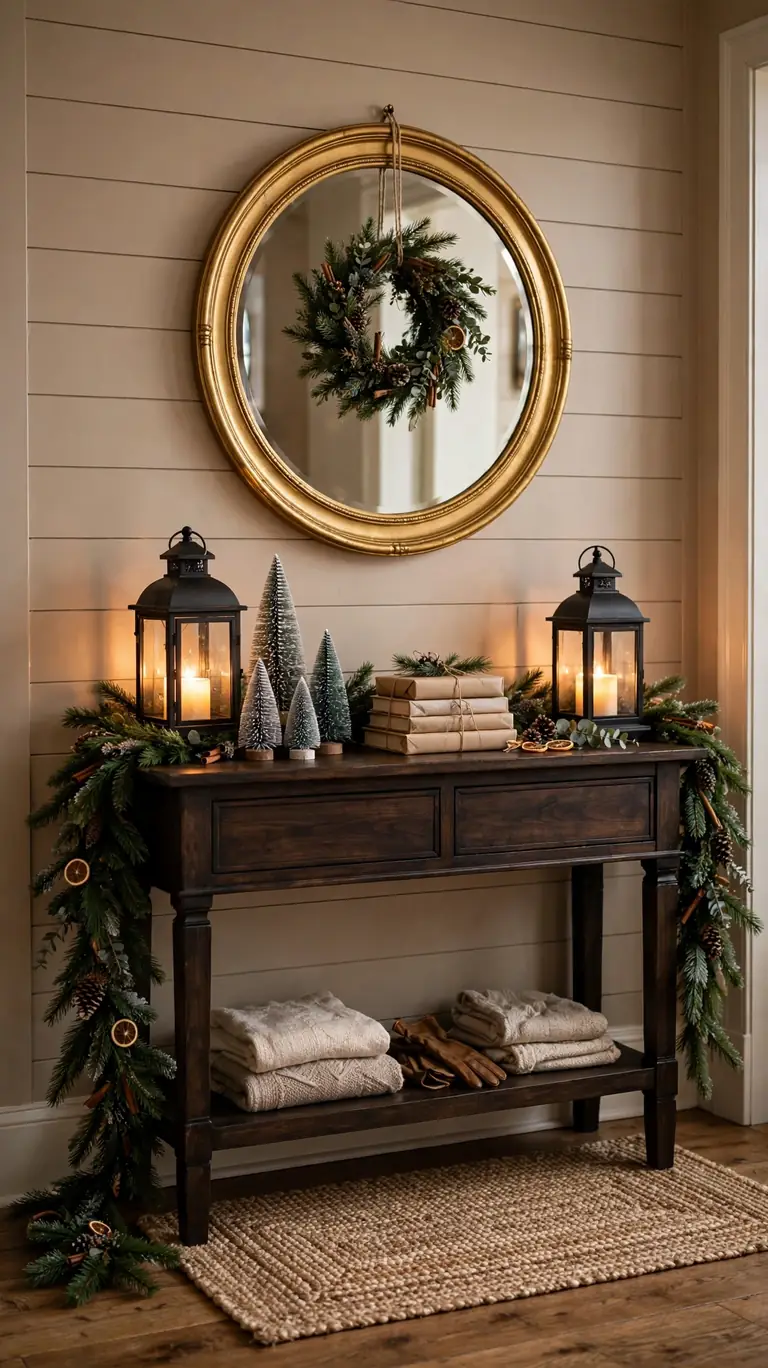 24 Festive Christmas Mantel Alternatives for Homes Without a Fireplace 3 An entryway console table decorated for Christmas with trailing garland, lanterns, and a round mirror above