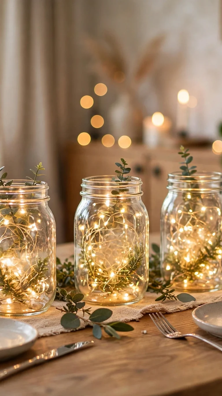Mason jars filled with warm fairy lights used as glowing dinner party table centerpieces