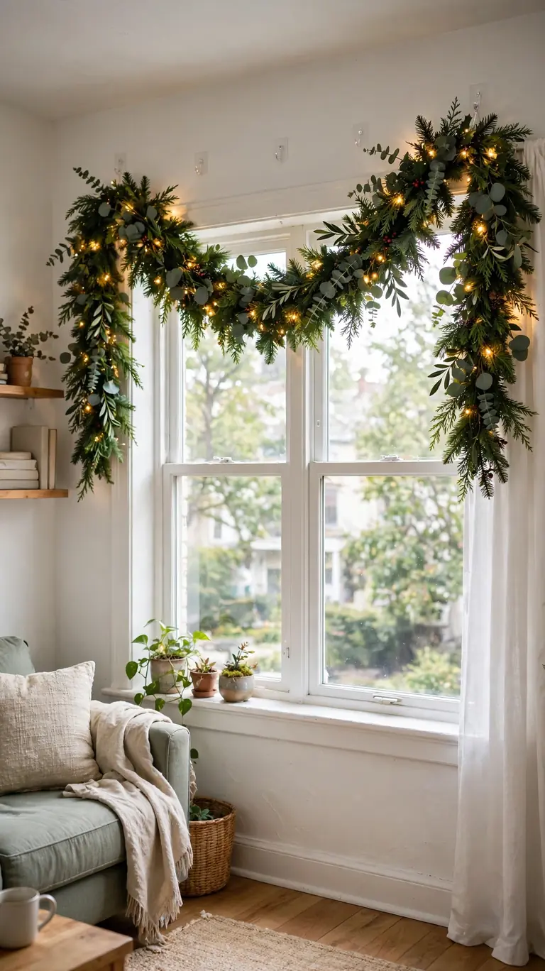 Christmas garland swagged above a window on removable adhesive hooks