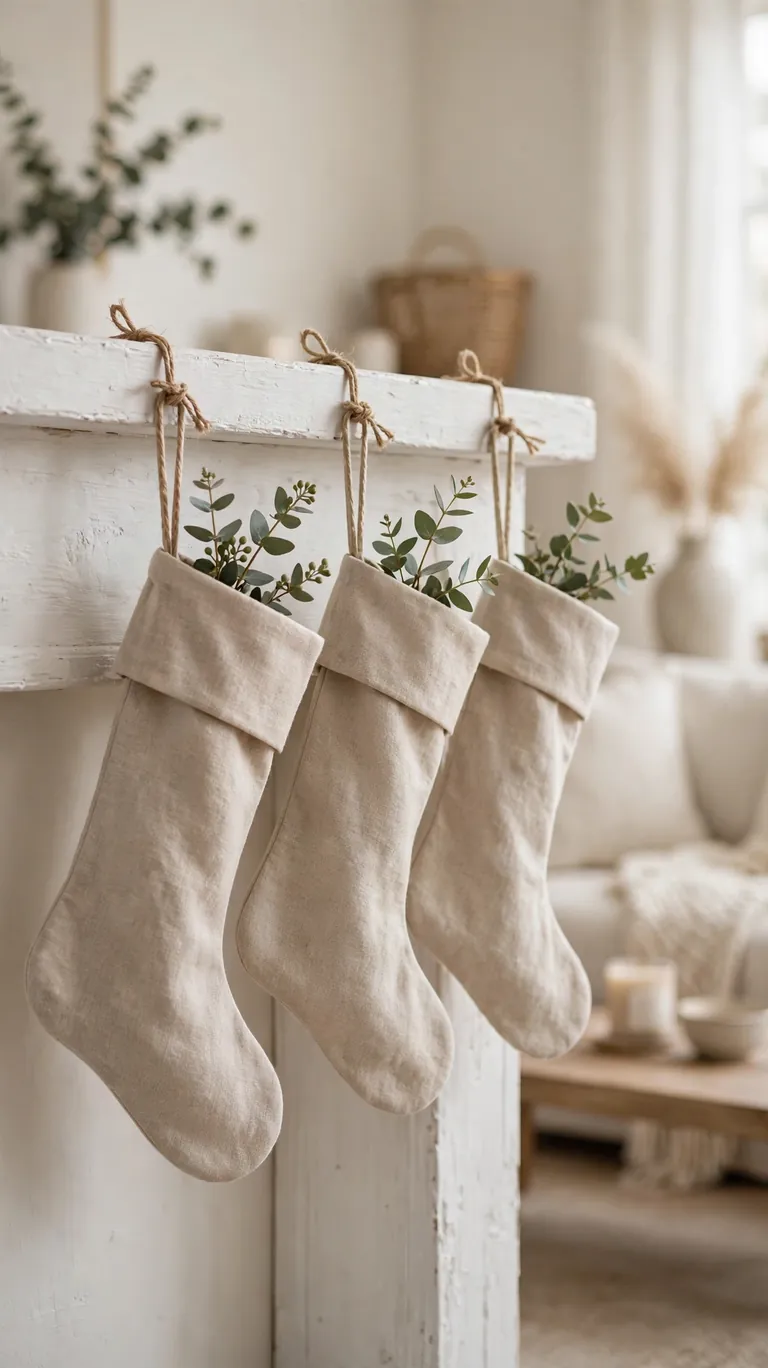 15 Neutral Christmas Decor Ideas for a Calm, Minimalist Home 3 Undyed beige linen Christmas stockings with eucalyptus sprigs hanging on a mantel