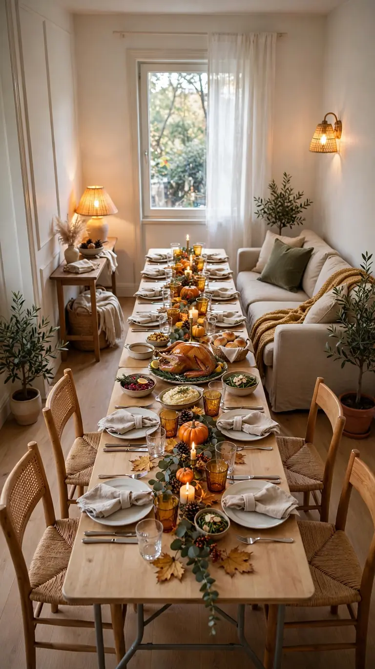Single long banquet table running down the middle of a small living room