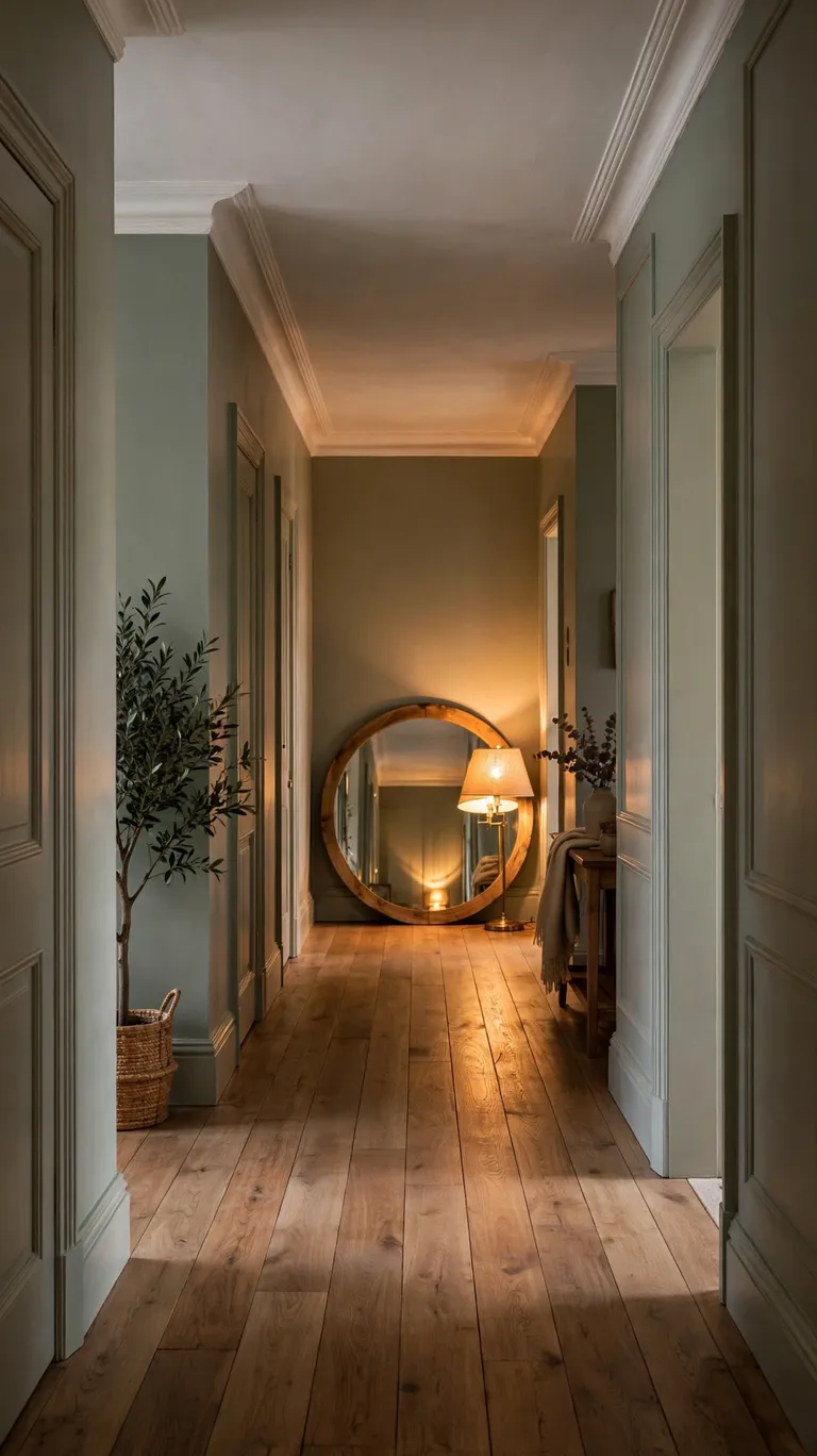 An oversized round mirror leaning at the far end of a dim hallway.